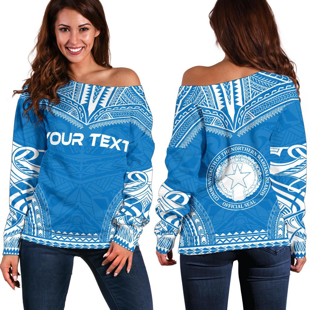 Northern Mariana Island Polynesian Chief Custom Personalised Women's Off Shoulder Sweater - Flag Version Blue - Polynesian Pride