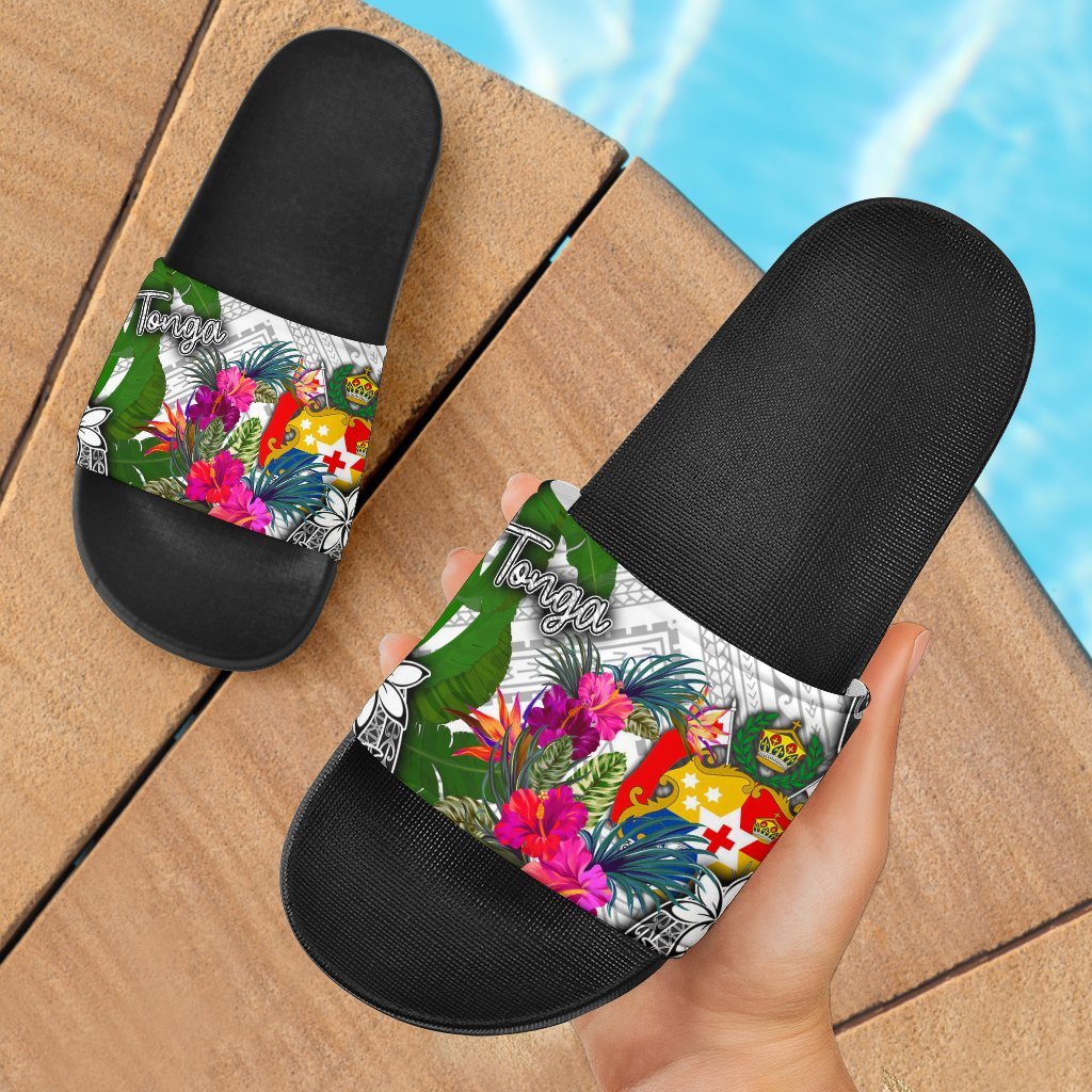 Tonga Slide Sandals - Turtle Plumeria Banana Leaf Black - Polynesian Pride