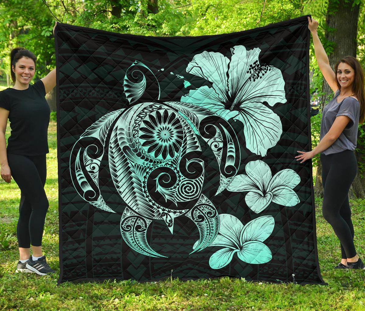 Hibiscus Plumeria Mix Polynesian Turquoise Turtle Premium Quilt Turquoise - Polynesian Pride