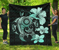 Hibiscus Plumeria Mix Polynesian Turquoise Turtle Premium Quilt Turquoise - Polynesian Pride