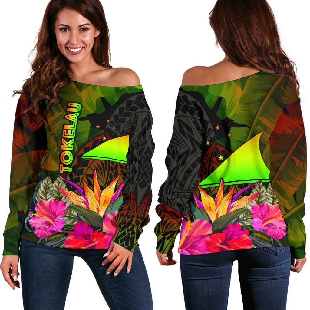 Tokelau Polynesian Women's Off Shoulder Sweater - Hibiscus and Banana Leaves Art - Polynesian Pride