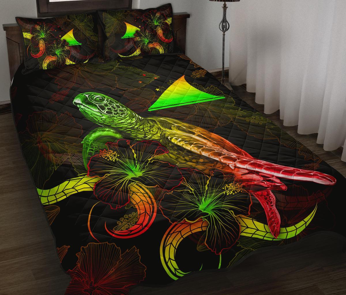 Tokelau Polynesian Quilt Bed Set - Turtle With Blooming Hibiscus Reggae Art - Polynesian Pride