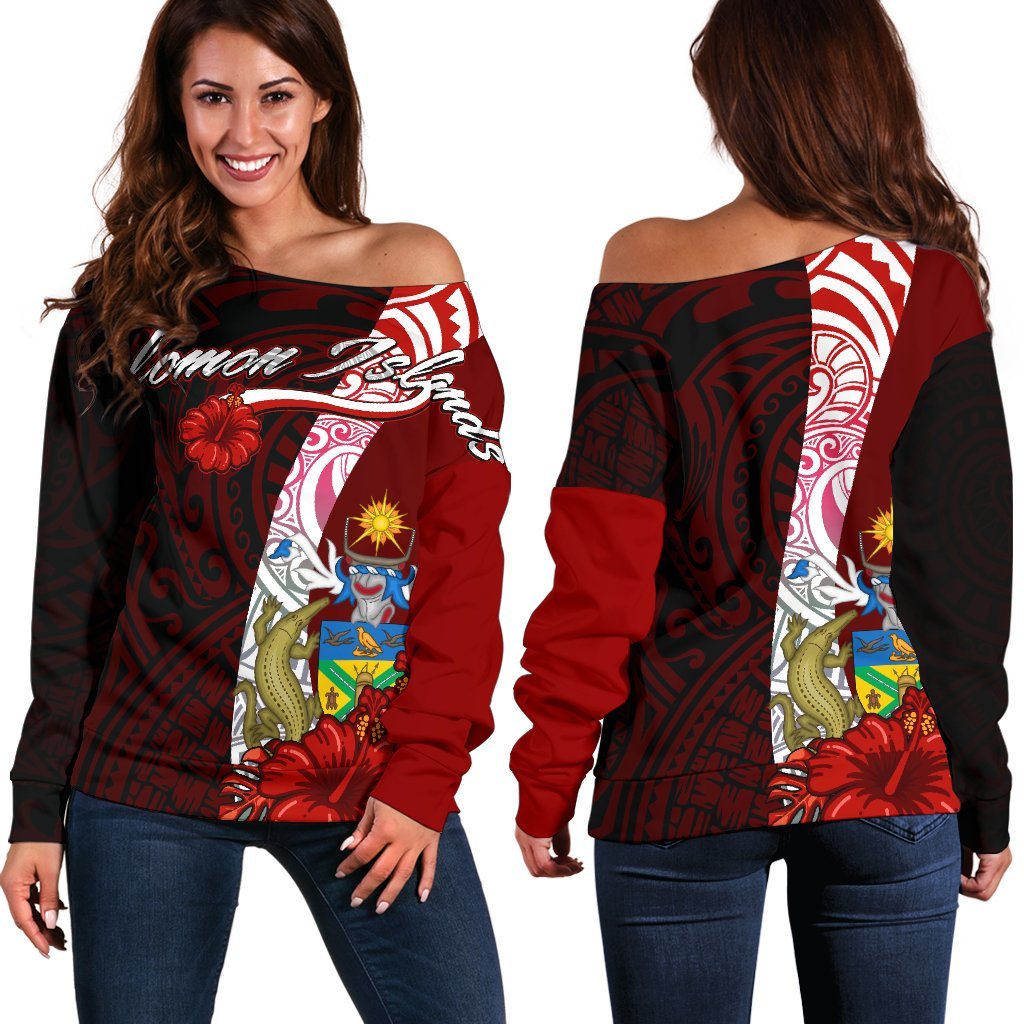 Solomon Islands Polynesian Women's Off Shoulder Sweater - Coat Of Arm With Hibiscus Red - Polynesian Pride