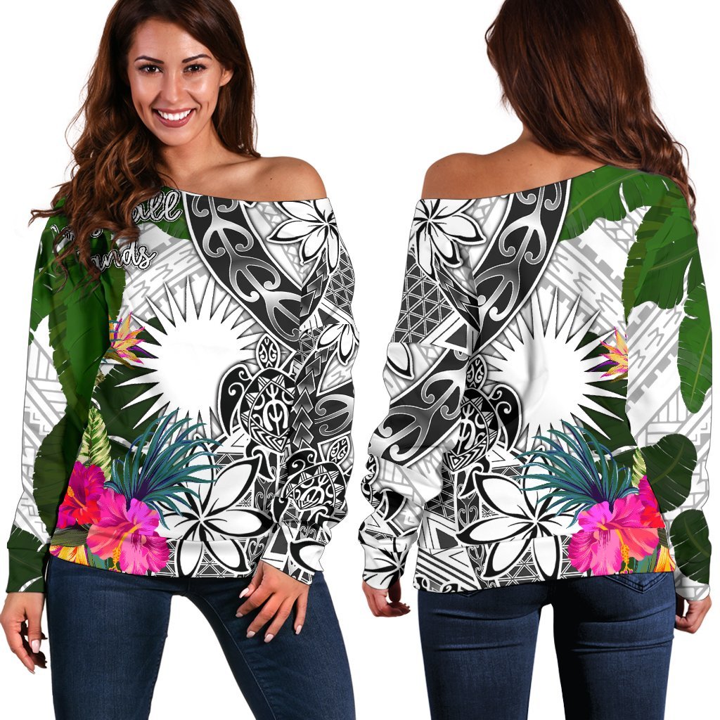 Marshall Islands Women's Off Shoulder Sweater White - Turtle Plumeria Banana Leaf White - Polynesian Pride