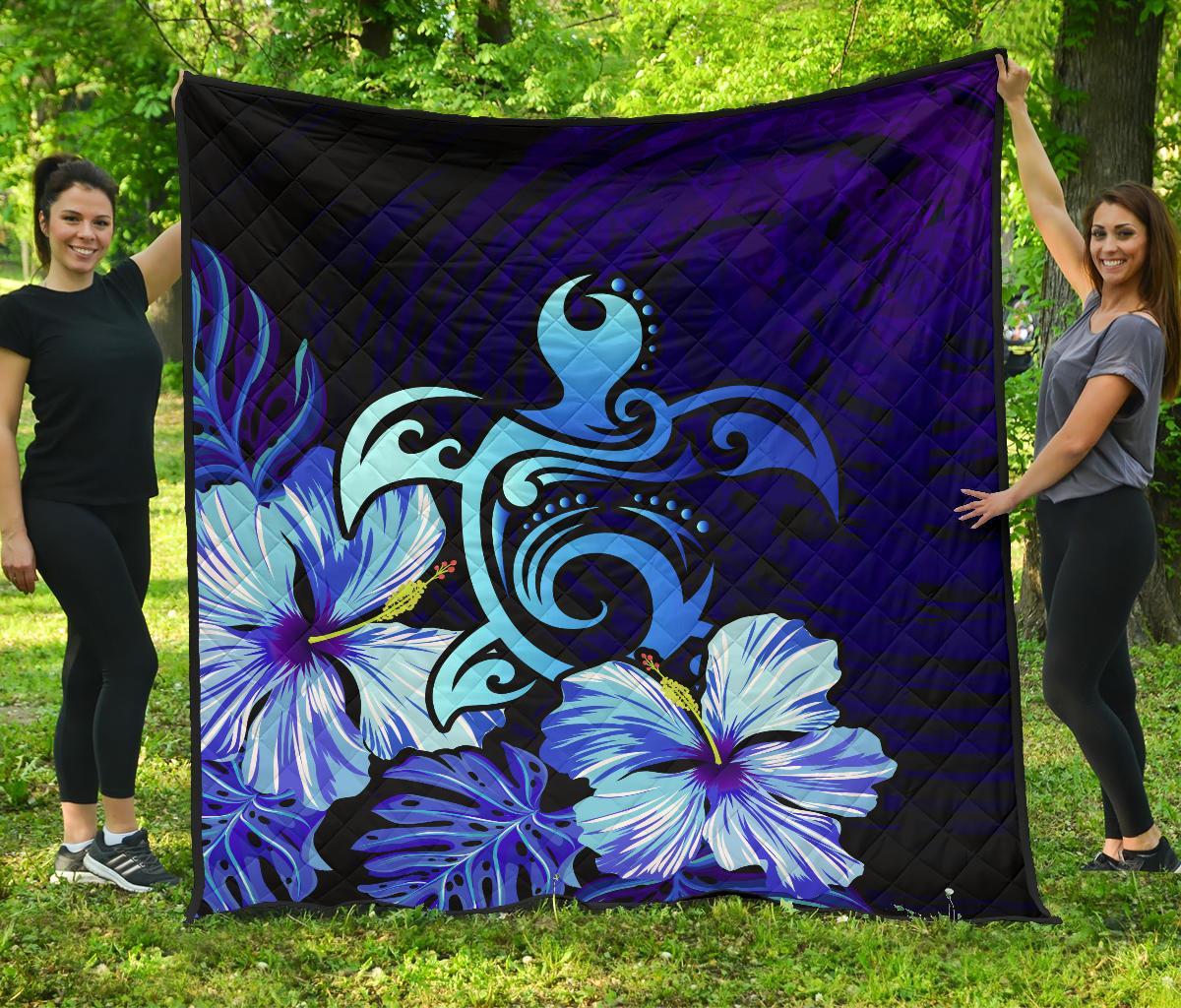 Hawaii Hibiscus Tropical Deep Ocean Turtle Sea Premium Quilt Blue - Polynesian Pride