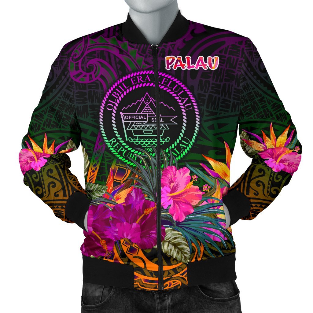 Palau Men's Bomber Jacket - Summer Hibiscus Reggae - Polynesian Pride