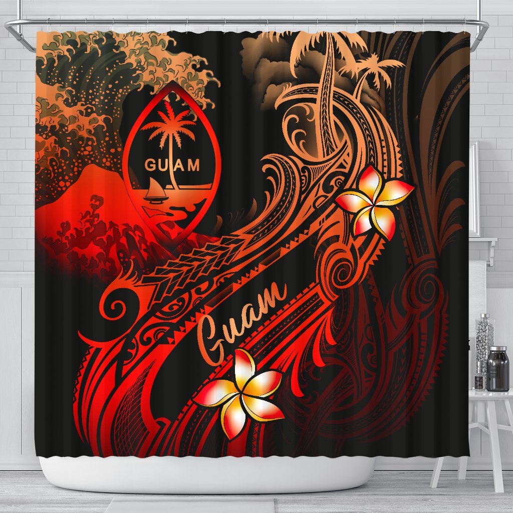 Guam Polynesian Shower Curtain - Plumeria Flowers And Waves 177 x 172 (cm) Red - Polynesian Pride