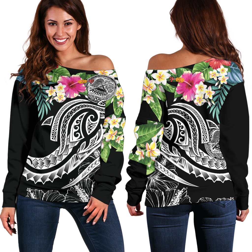 Polynesian American Samoa Women's Off Shoulder Sweater - Summer Plumeria (Black) Black - Polynesian Pride