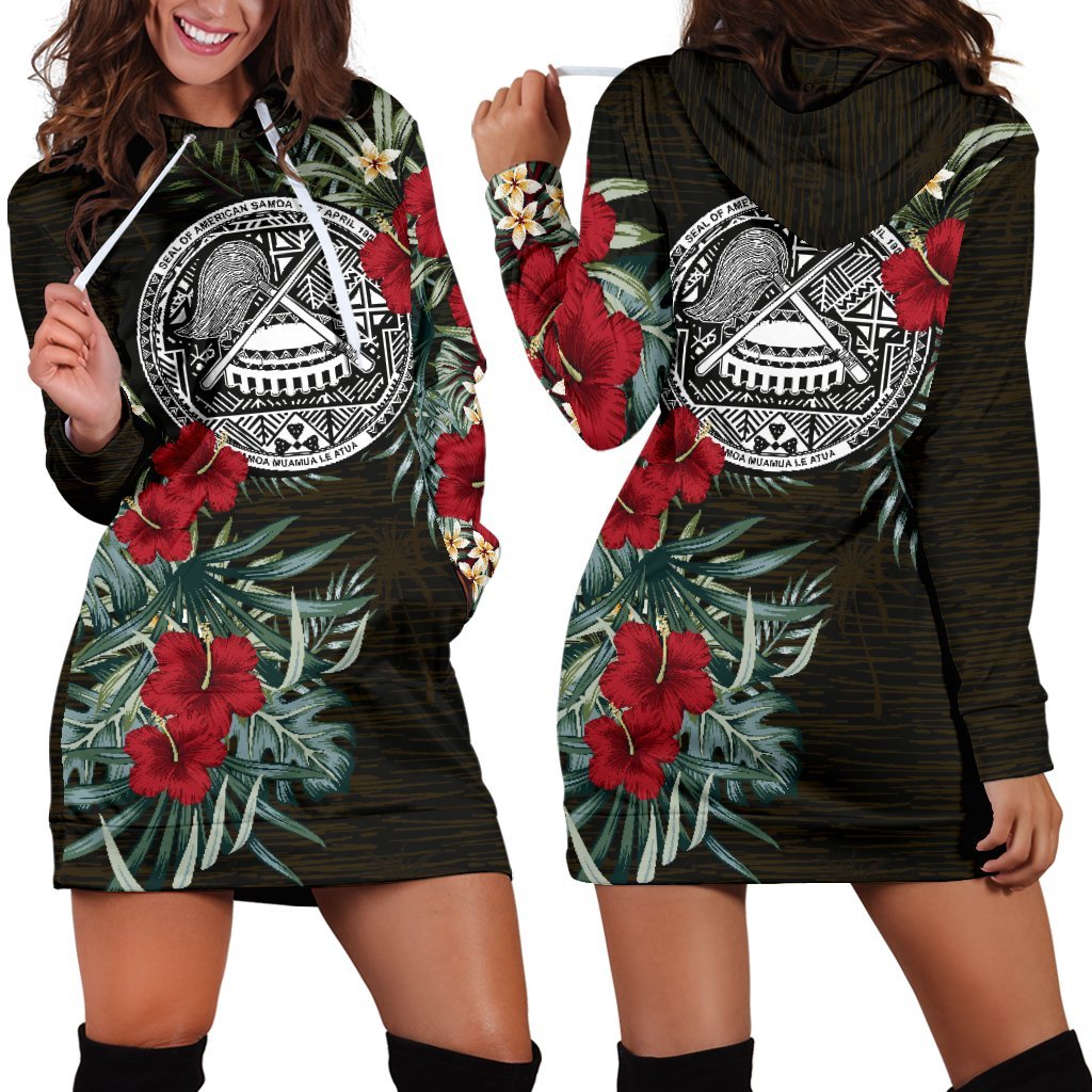 American Samoa Hoodie Dress - American Samoa Seal Hibiscus Black - Polynesian Pride