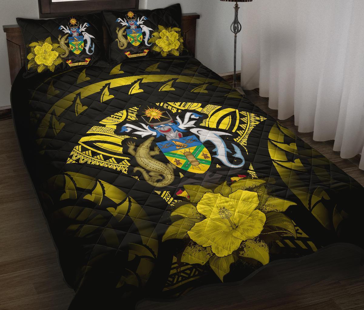 Solomon Islands Polynesian Quilt Bed Set Hibiscus Yellow Black - Polynesian Pride