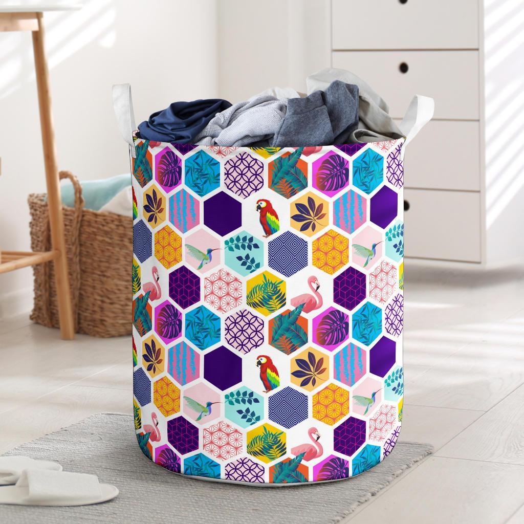 Hawaii Parrot Toucans Hummingbird Flamingo tropical Leaves Hawaii Laundry Basket Laundry Basket One Size Black - Polynesian Pride