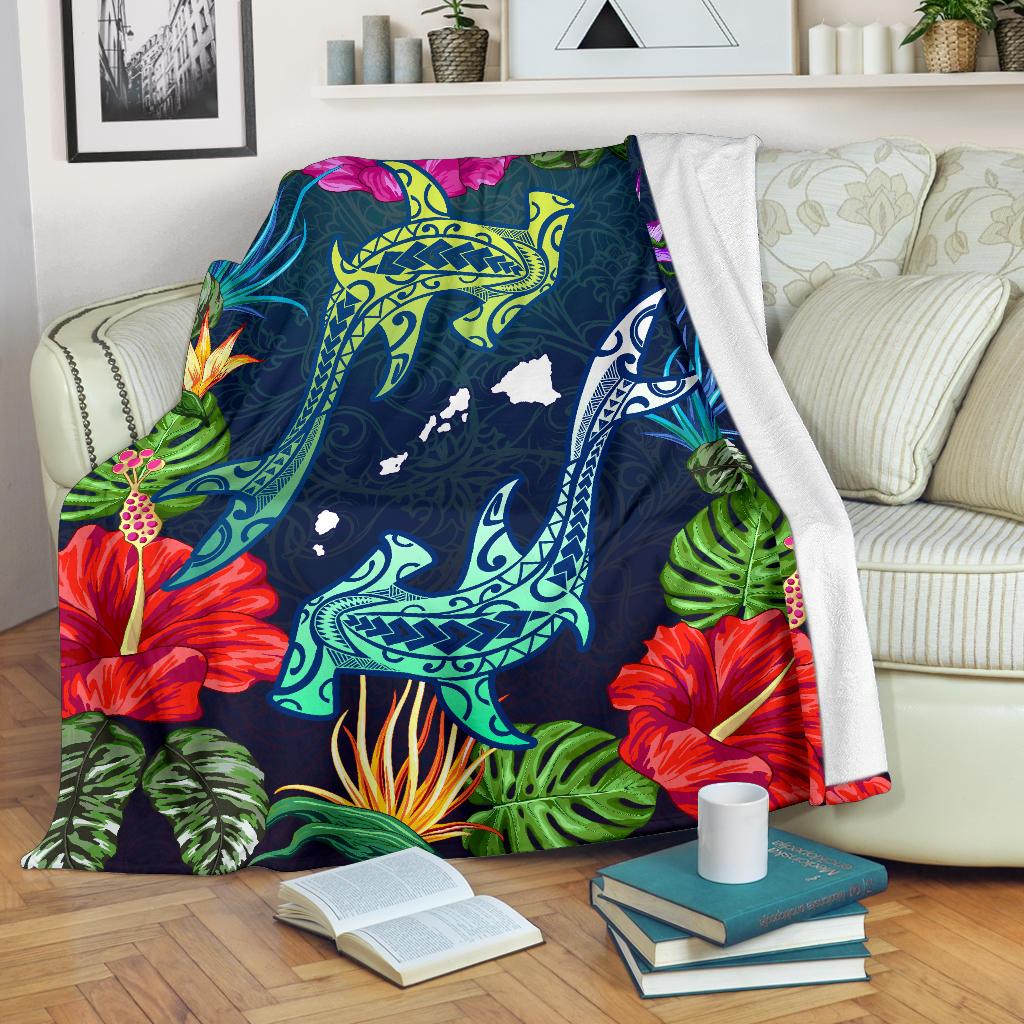 Hawaii Shark Tropical Color Premium Blanket White - Polynesian Pride