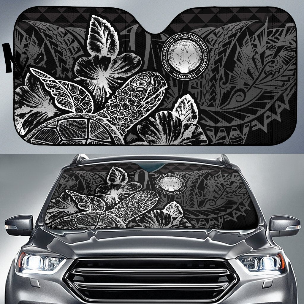 Northern Mariana Islands Auto Sun Shades Turtle Hibiscus Black Auto Sun Shade Universal Fit Black - Polynesian Pride