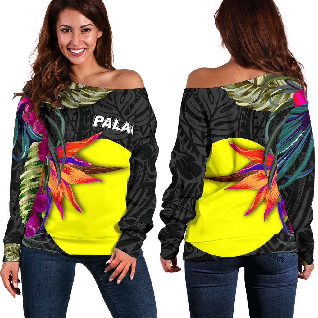 Palau Women's Off Shoulder Sweater - Polynesian Hibiscus Pattern Black - Polynesian Pride