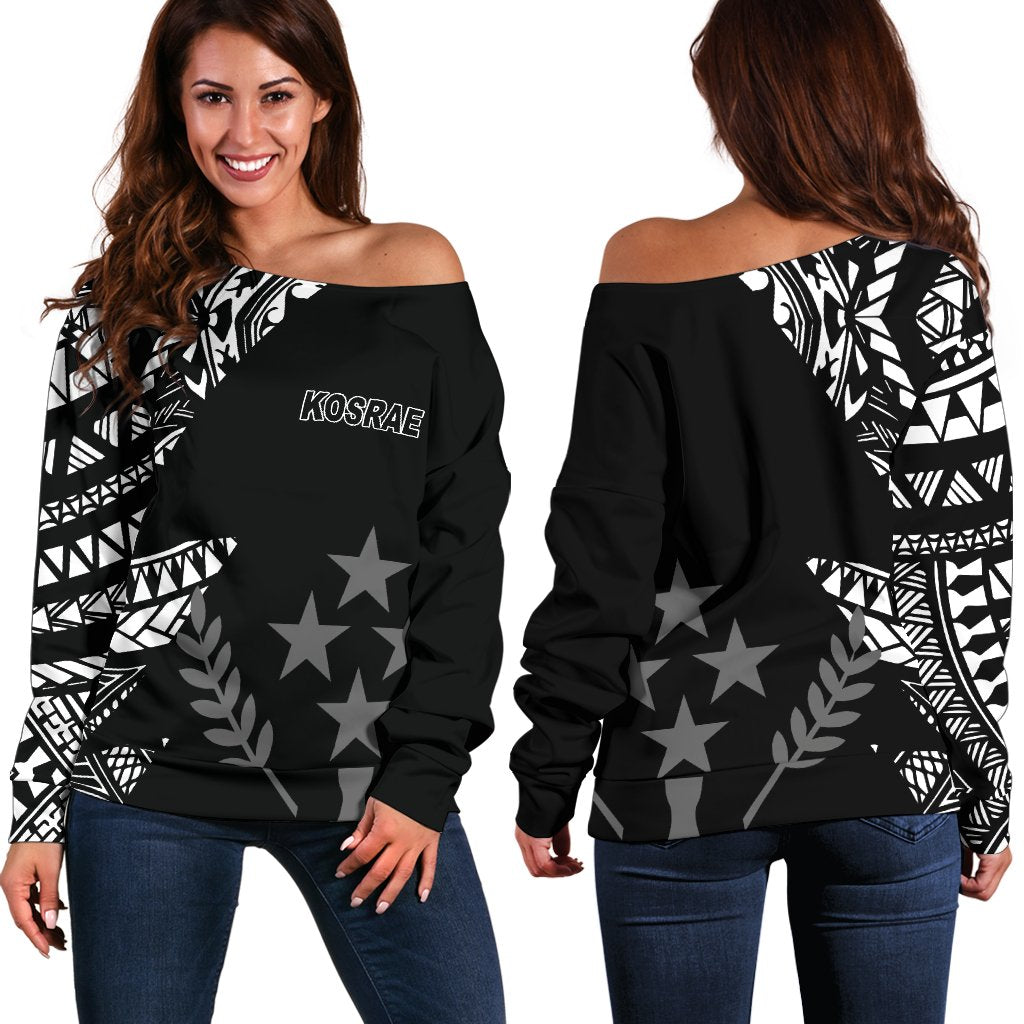 Kosrae Women's Off Shoulder Sweater - Micronesian Pattern Flash Black Black - Polynesian Pride