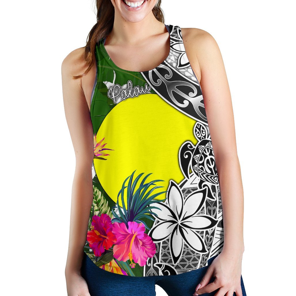 Palau Women's Racerback Tank White - Turtle Plumeria Banana Leaf - Polynesian Pride