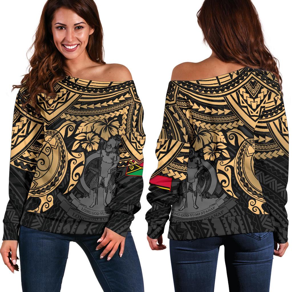 Vanuatu Polynesian Women's Off Shoulder Sweater - Gold Turtle Gold - Polynesian Pride