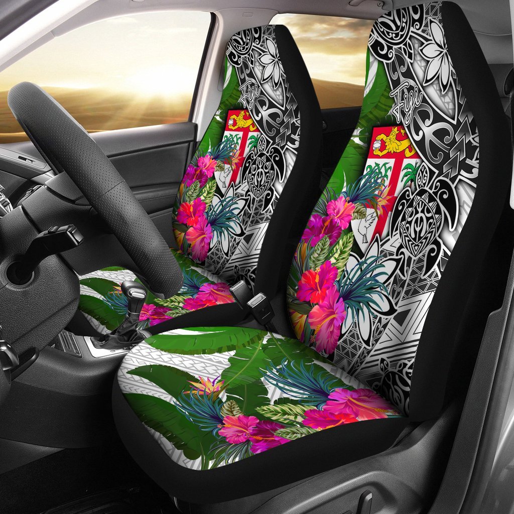 Fiji Car Seat Covers White - Turtle Plumeria Banana Leaf Universal Fit White - Polynesian Pride