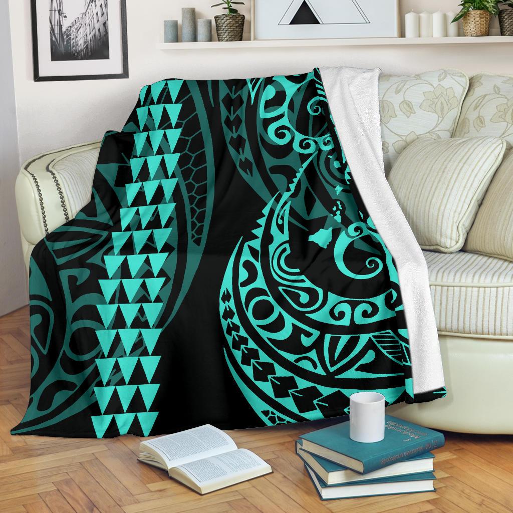 Hawaii Kakau Turquoise Polynesian Premium Blanket White - Polynesian Pride