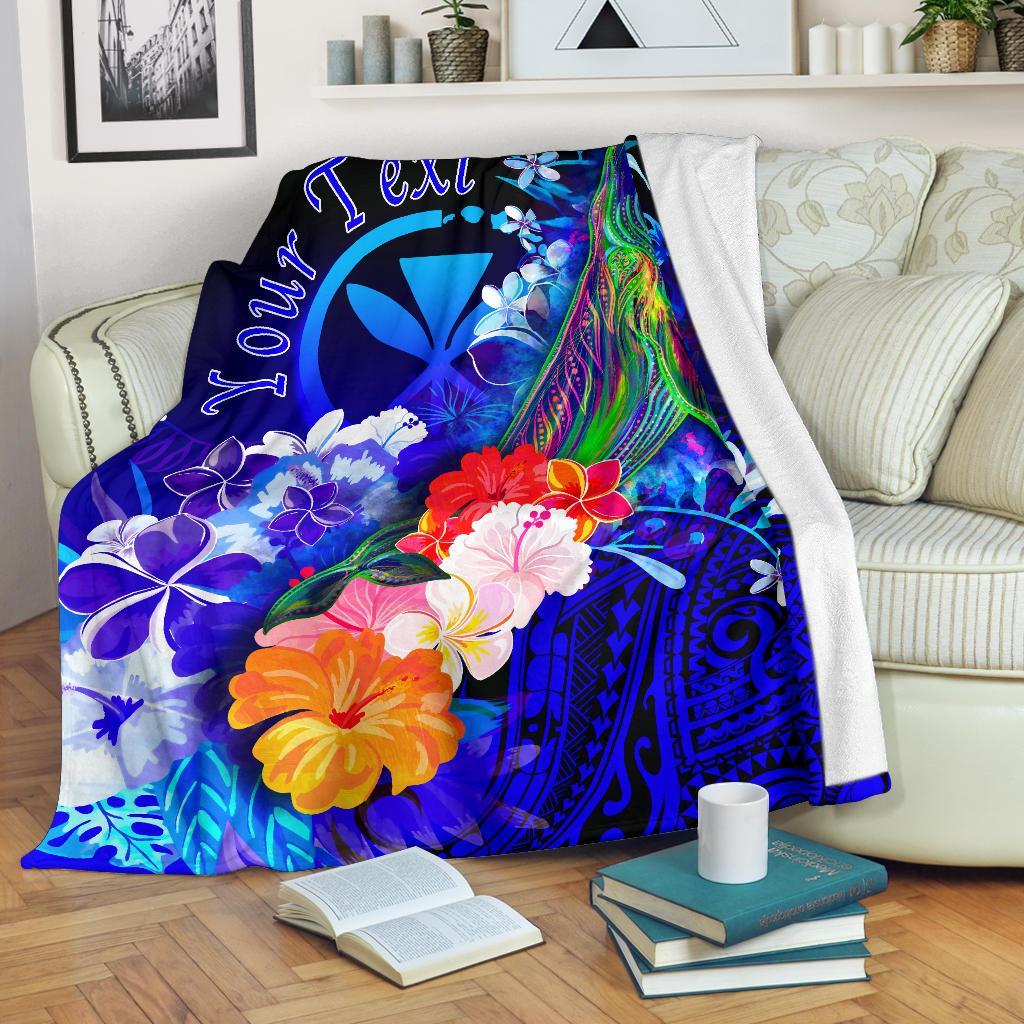 Polynesian Hawaii Custom Personalised Premium Blanket - Kanaka Maoli Humpback Whale with Tropical Flowers (Blue) White - Polynesian Pride