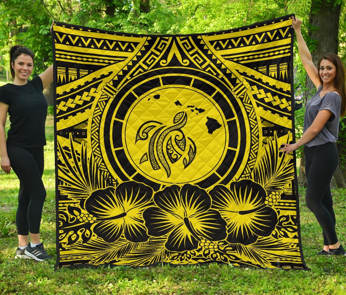Hawaii Premium Quilt - Hawaii Map Honu Hibiscus Yellow Polynesian Premium Quilt Yellow - Polynesian Pride