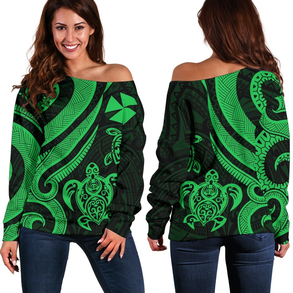 Wallis and Futuna Women's Off Shoulder Sweater - Green Tentacle Turtle Green - Polynesian Pride