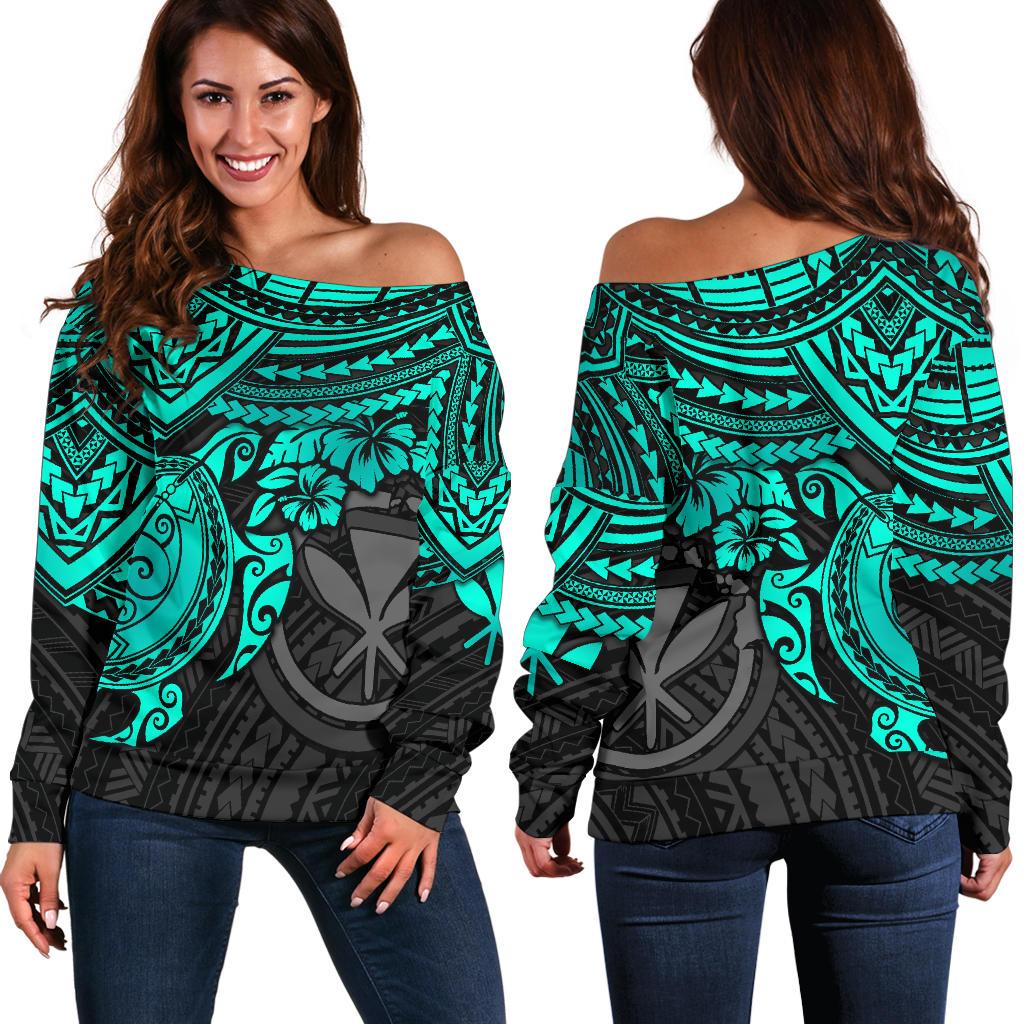 Polynesian Hawaii Women's Off Shoulder Sweater - Turquoise Turtle BLUE - Polynesian Pride