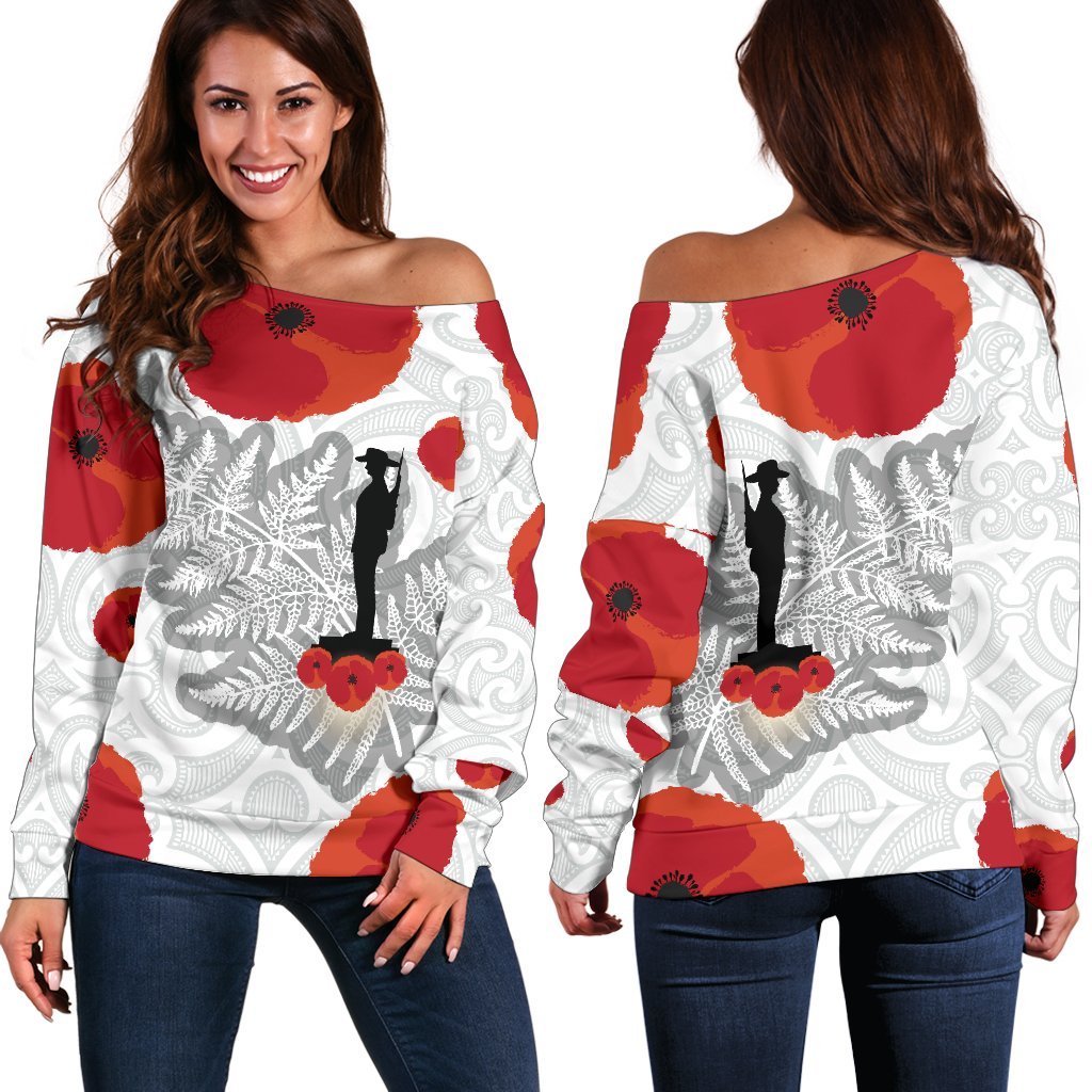 Anzac Maori Women Off Shoulder Sweater Silver Fern Lest For Get White - Polynesian Pride