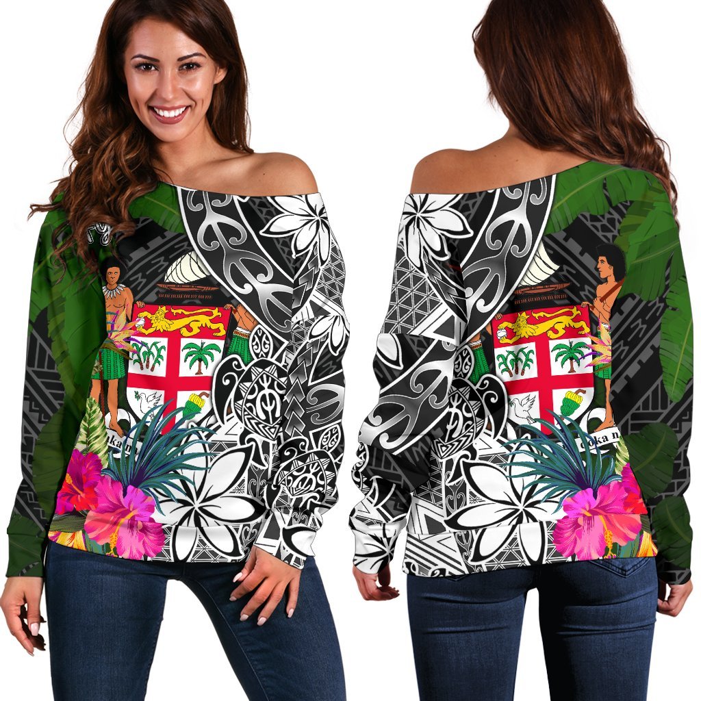 Fiji Off Shoulder Sweater - Turtle Plumeria Banana Leaf Crest Black - Polynesian Pride