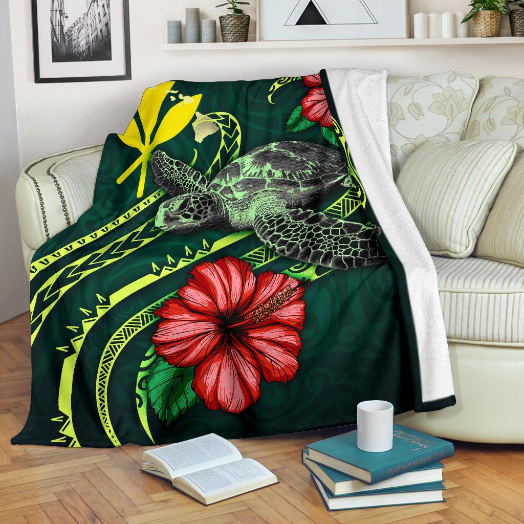 Hawaii Polynesian Premium Blanket - Green Turtle Hibiscus White - Polynesian Pride