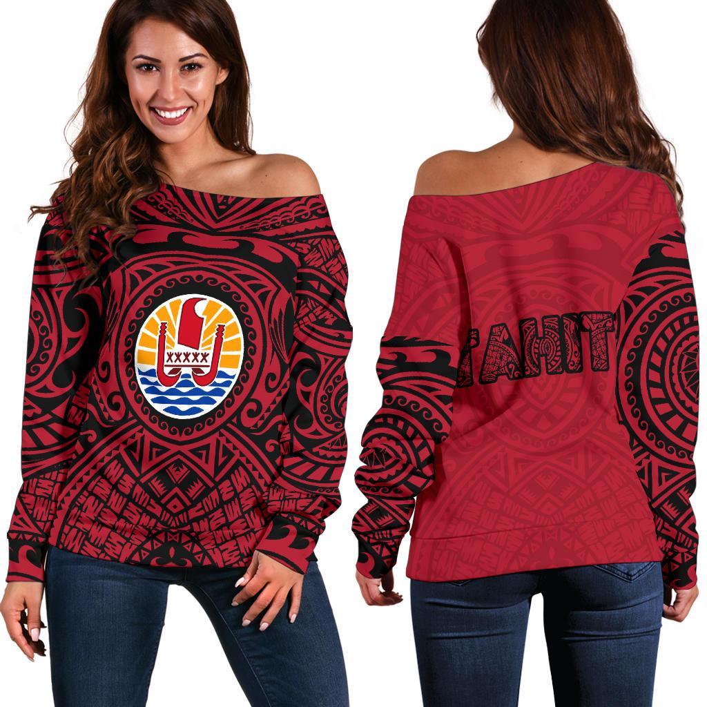 Tahiti Polynesian Women's Off Shoulder Sweater Coat Of Arms - Front Half Style Th5 Red - Polynesian Pride