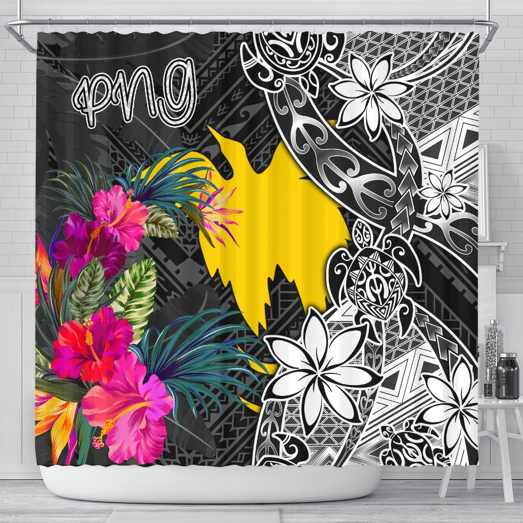 Papua New Guinea Shower Curtain - Turtle Floral 177 x 172 (cm) BLACK - Polynesian Pride