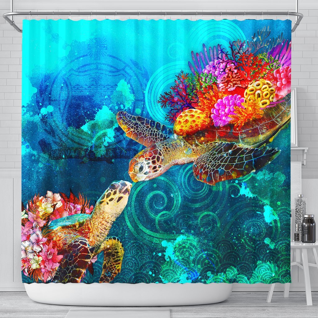 Samoa Shower Curtain - Sea Turtle Coral Treasure 177 x 172 (cm) BLACK - Polynesian Pride