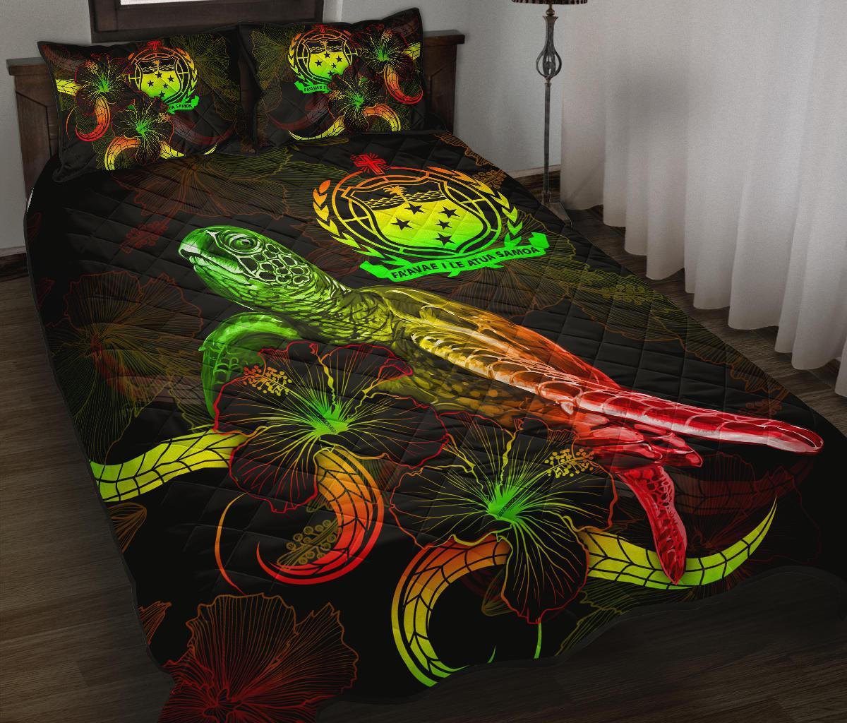 Samoa Polynesian Quilt Bed Set - Turtle With Blooming Hibiscus Reggae Art - Polynesian Pride