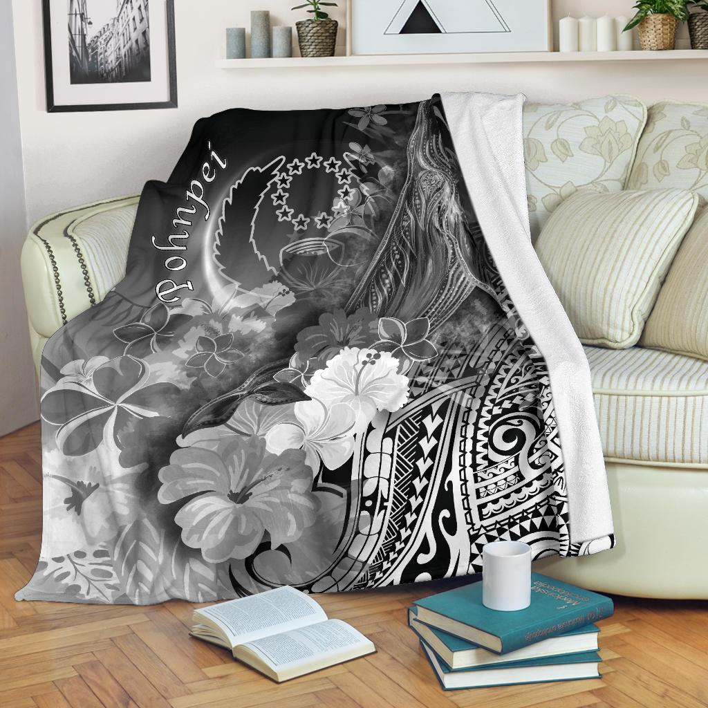 Pohnpei Premium Blanket - Humpback Whale with Tropical Flowers (White) White - Polynesian Pride