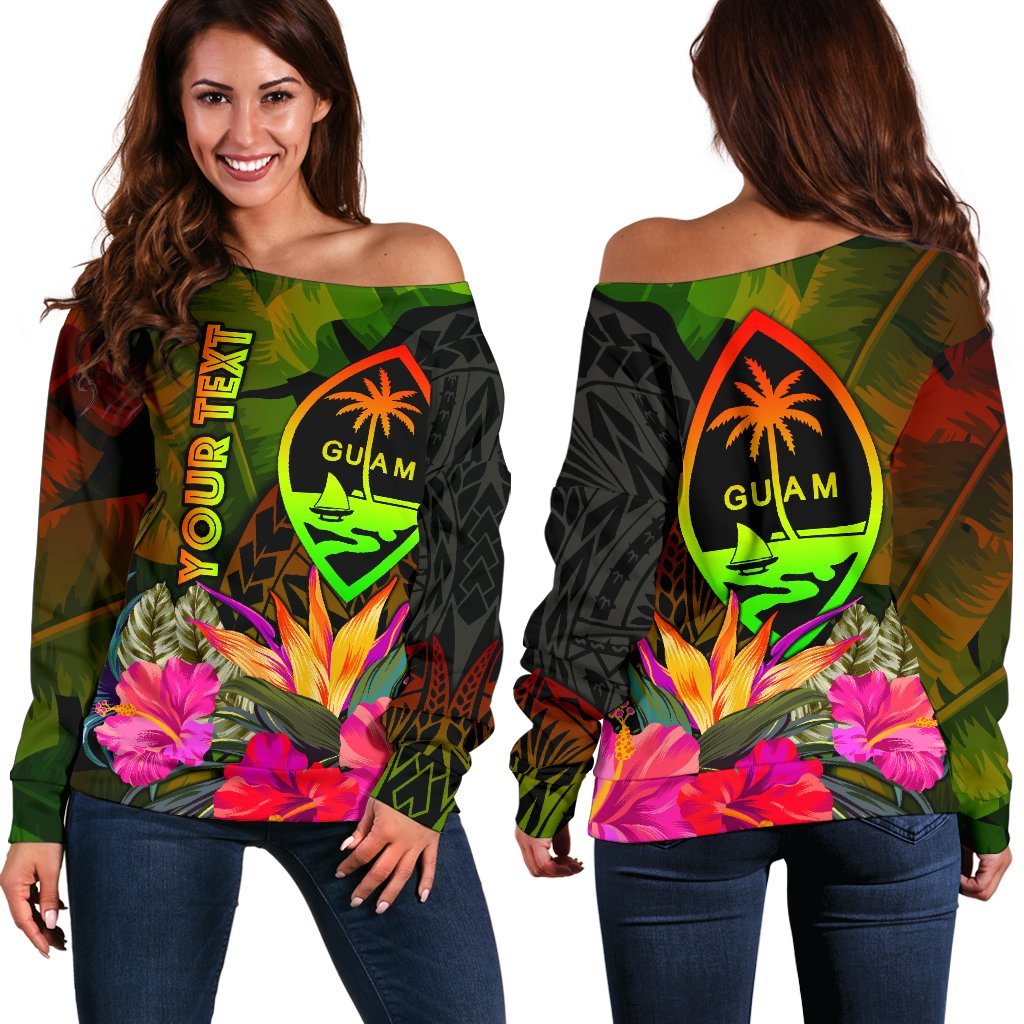 Guam Polynesian Personalised Women's Off Shoulder Sweater - Hibiscus and Banana Leaves Art - Polynesian Pride