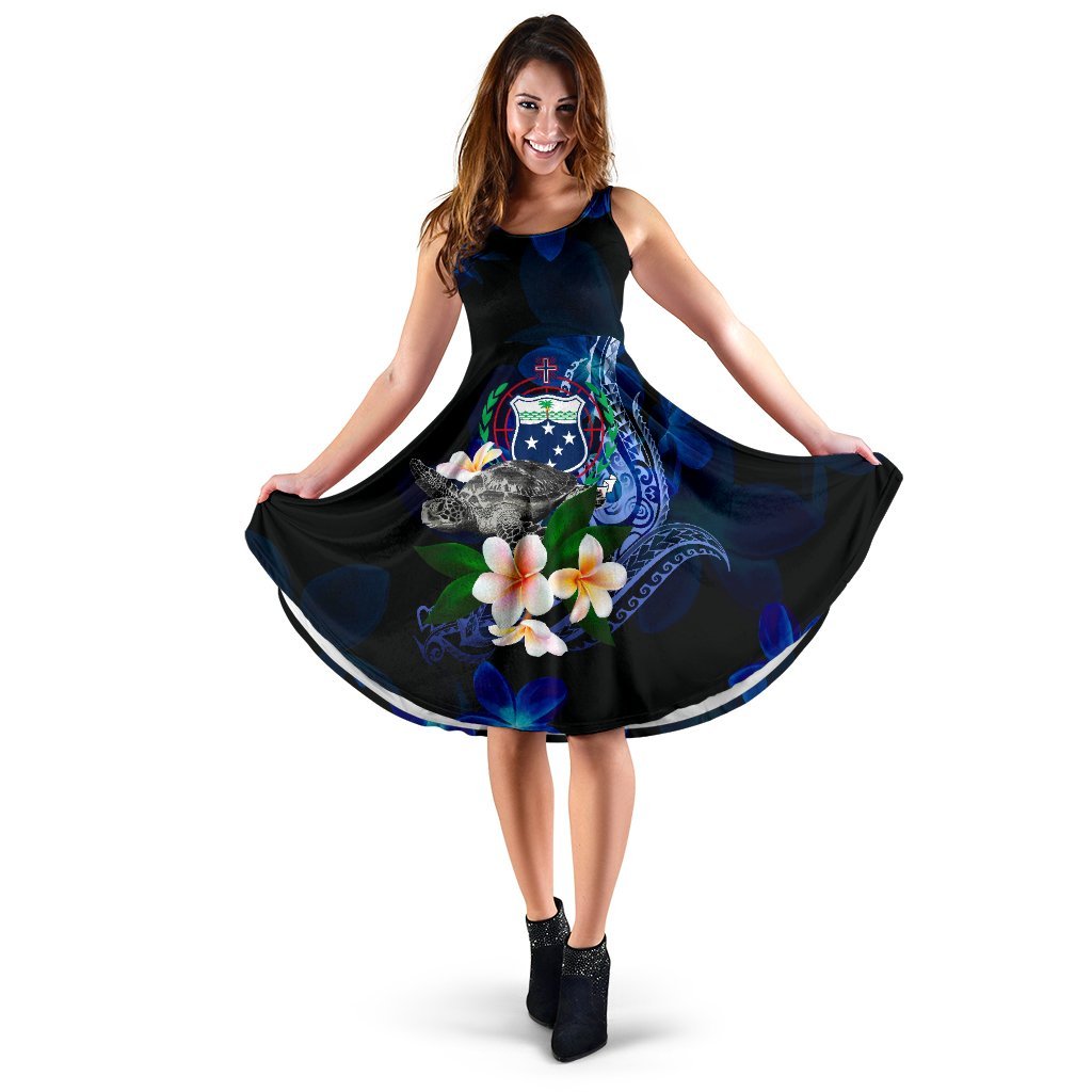 Samoa Polynesian Midi Dress - Turtle With Plumeria Flowers Women Blue - Polynesian Pride