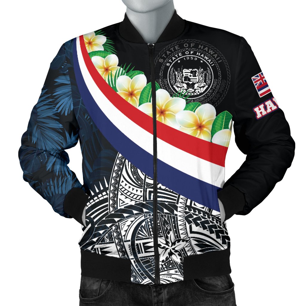 Polynesian Hawaii Men's Bomber Jacket - Hawaii Seal With Plumeria Style Black - Polynesian Pride