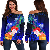 Cook Islands Women's Off Shoulder Sweater - Humpback Whale with Tropical Flowers (Blue) - Polynesian Pride