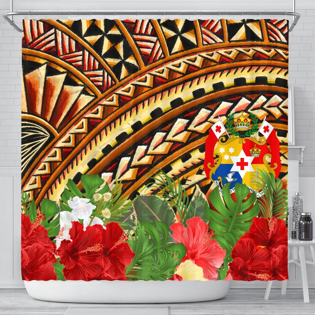 Tonga Shower Curtain - Vintage Pattern With Hibiscus Flower 177 x 172 (cm) One Color - Polynesian Pride