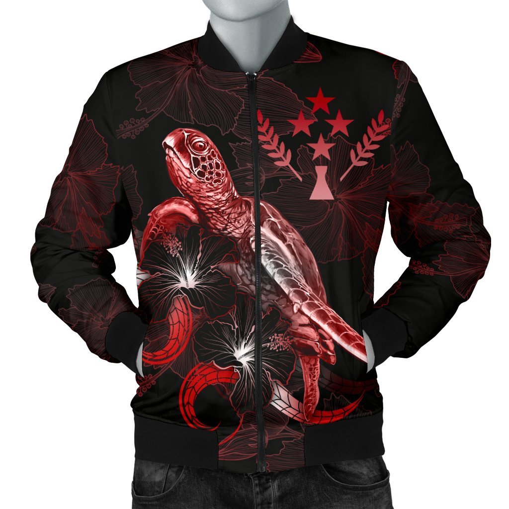 Kosrae Polynesian Men's Bomber Jacket - Turtle With Blooming Hibiscus Red Red - Polynesian Pride