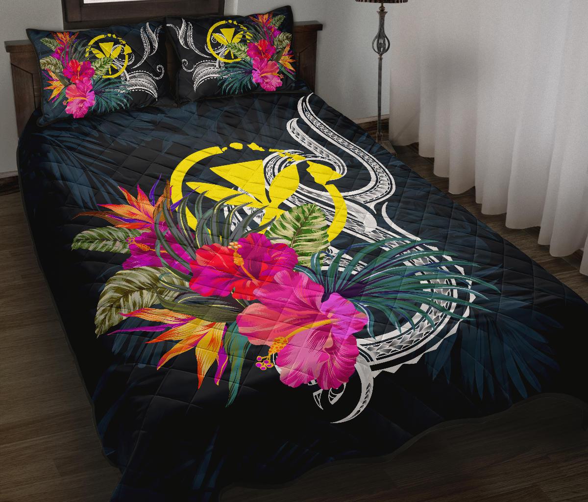 Hawaii Polynesian Quilt Bed Set - Tropical Flower Blue - Polynesian Pride