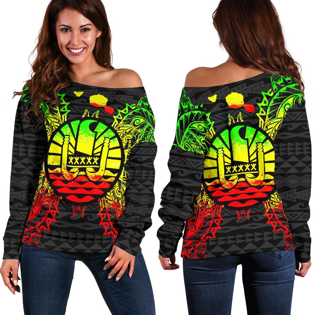 French Polynesia Polynesian Shoulder Sweater Map Reggae Art - Polynesian Pride