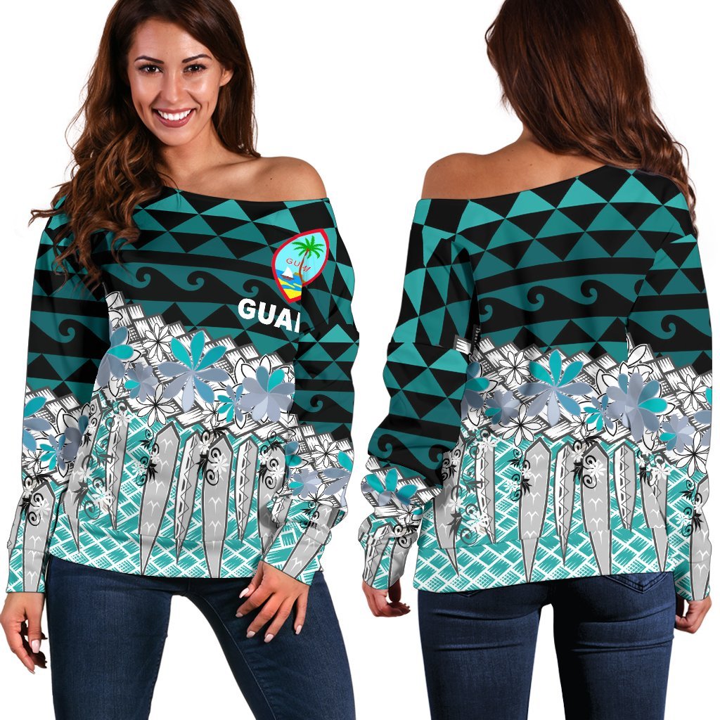 Guam Women's Off Shoulder Sweaters - Coconut Leaves Weave Pattern Blue Blue - Polynesian Pride