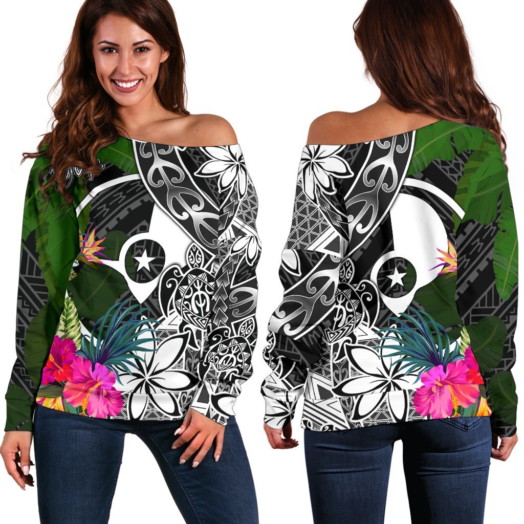 Yap Off Shoulder Sweater - Turtle Plumeria Banana Leaf Black - Polynesian Pride