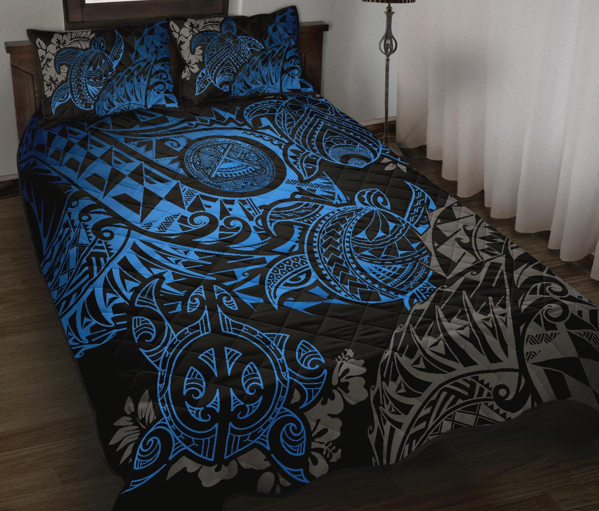 American Samoa Polynesian Quilt Bed Set - American Samoa Blue Seal Turtle BLUE - Polynesian Pride