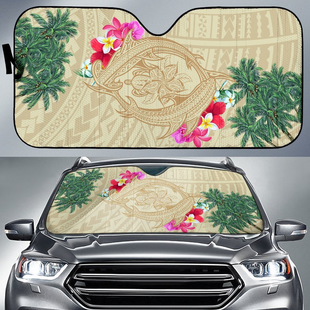 Hawaii Kanaka Maoli Palm Trees Turtle And Sharks Car Sun Shade Auto Sun Shade Universal Fit Black - Polynesian Pride