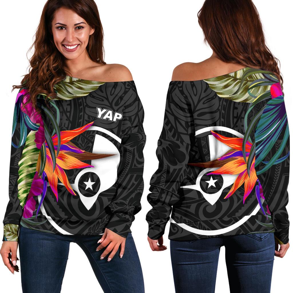 Yap Women's Off Shoulder Sweater - Polynesian Hibiscus Pattern Black - Polynesian Pride