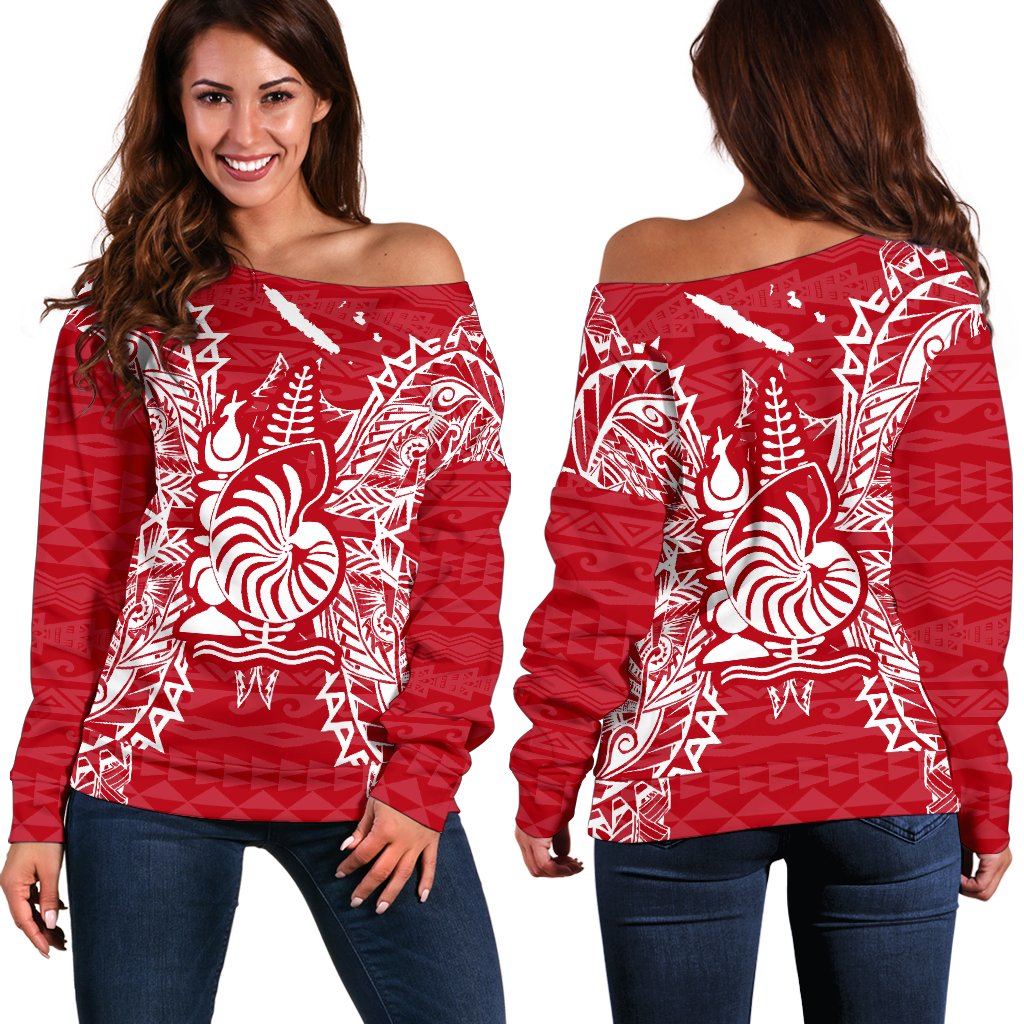 New Caledonia Polynesian Shoulder Sweater Map Red White Red - Polynesian Pride