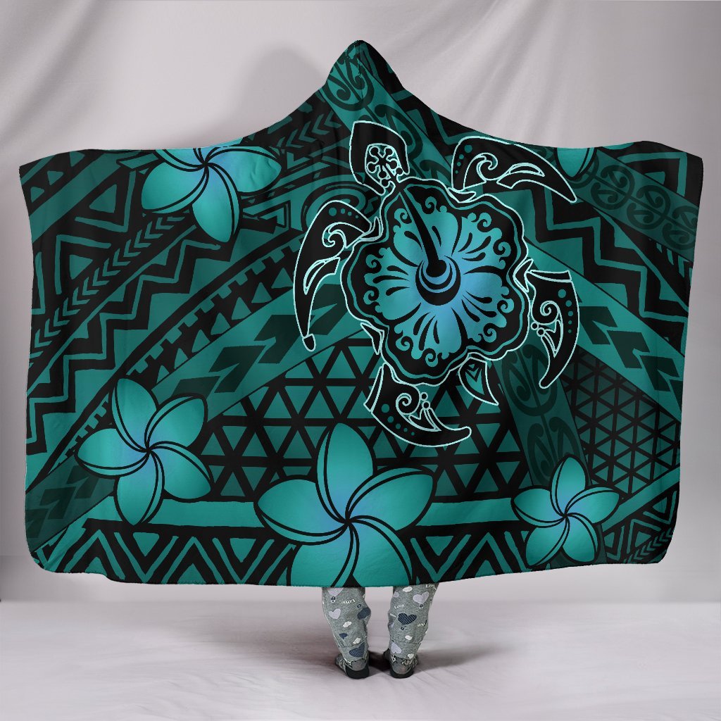 Hawaii Mix Polynesian Turtle Plumeria Hooded Blanket - AH - Nick Style - Turquoise Hooded Blanket Turquoise - Polynesian Pride